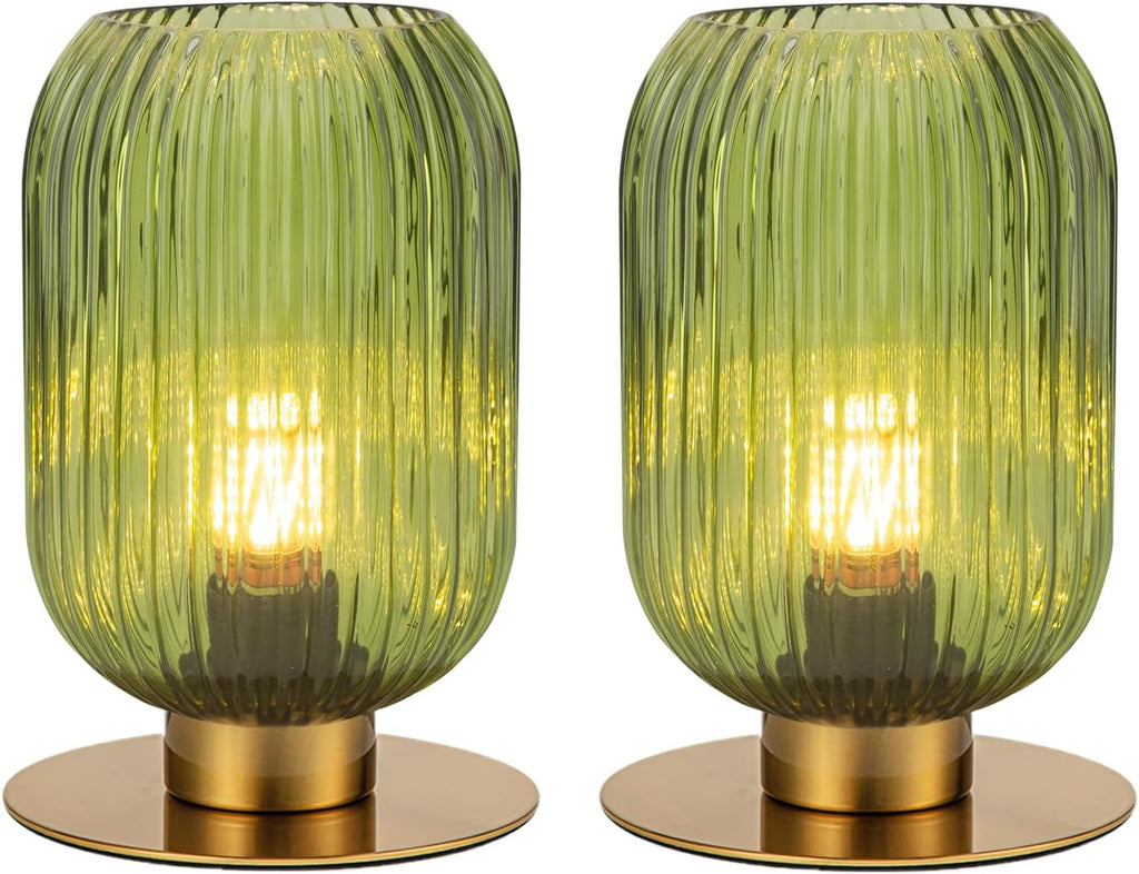 Bedside Table Lamps Set of 2, Small Glass Table Lamp Green Bedside Lamp with Brass Metal Base, Mid Century Table Lamp Gold Nightstand Lamp End Table Lamps for Bedroom Living Room Office