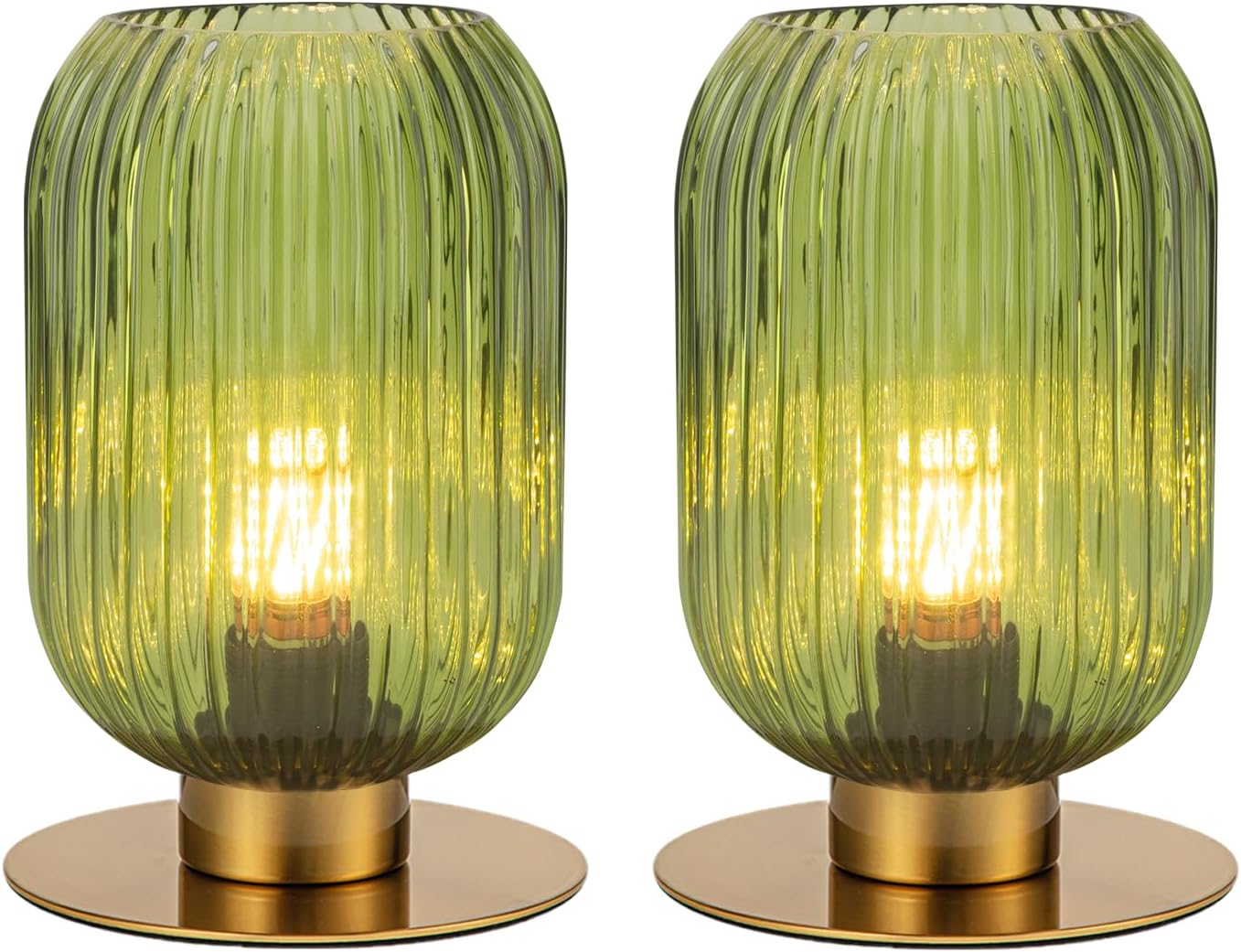 Bedside Table Lamps Set of 2, Small Glass Table Lamp Green Bedside Lamp with Brass Metal Base, Mid Century Table Lamp Gold Nightstand Lamp End Table Lamps for Bedroom Living Room Office