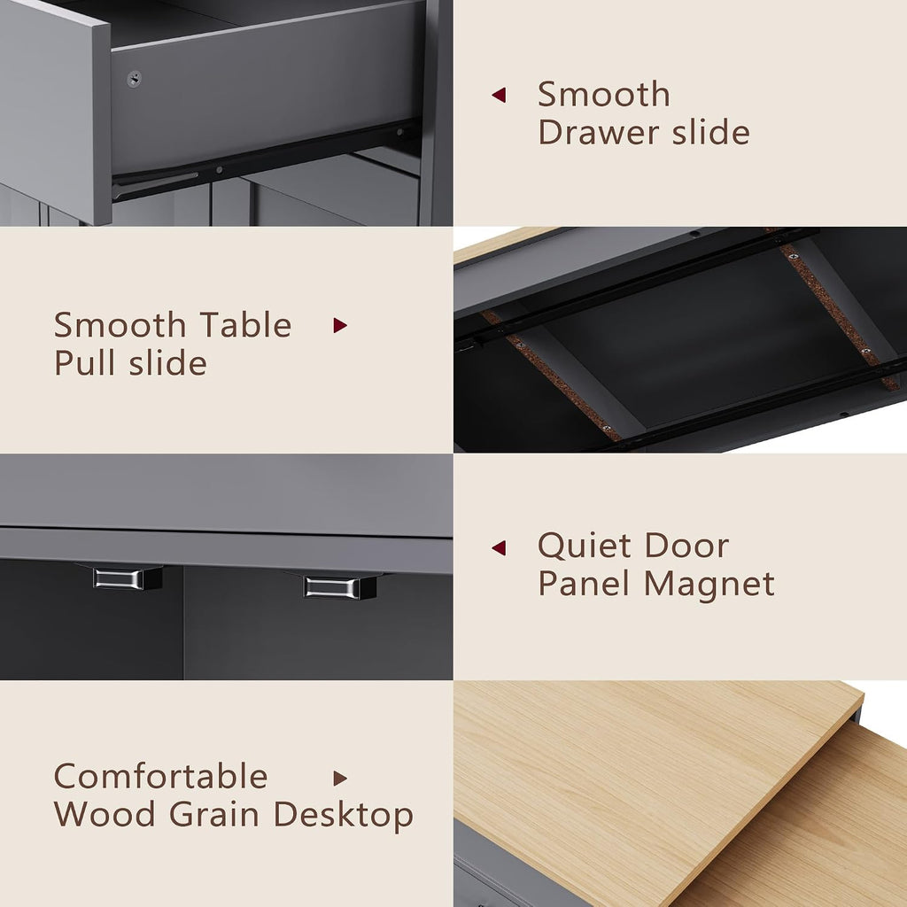 RUNNA 74.5 inch Modern Grey Kitchen Island with Extendable Dining Table, Rolling Storage Cart with 4 Door Cabinet, Spice Rack, 2 Drawers, for Kitchen, Dining Room
