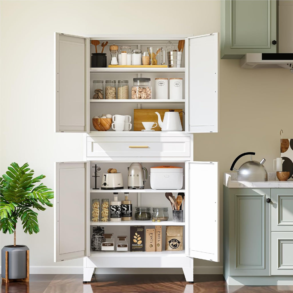 Metal Storage Cabinet, 71' Tall Kitchen Pantry Cabinets, Steel File Cabinet with 4 Doors & Adjustable Shelves and Drawer for Kitchen, Dining Room, Living Room, Bathroom