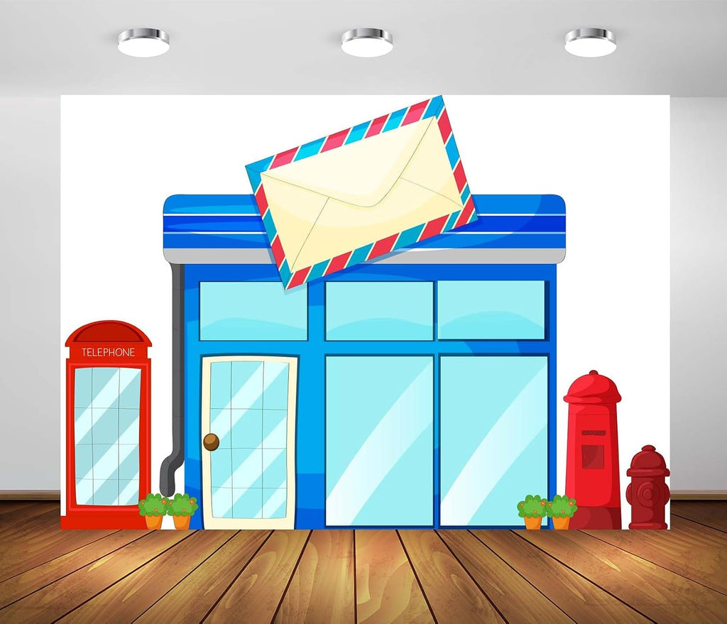 BELECO 20x10ft Fabric Post Office Backdrop Cartoon Street Blue Postoffice Mailbox Telephone Booth Background for Themed Party Decorations Postman Kids Birthday Shoot Photo Studio Props
