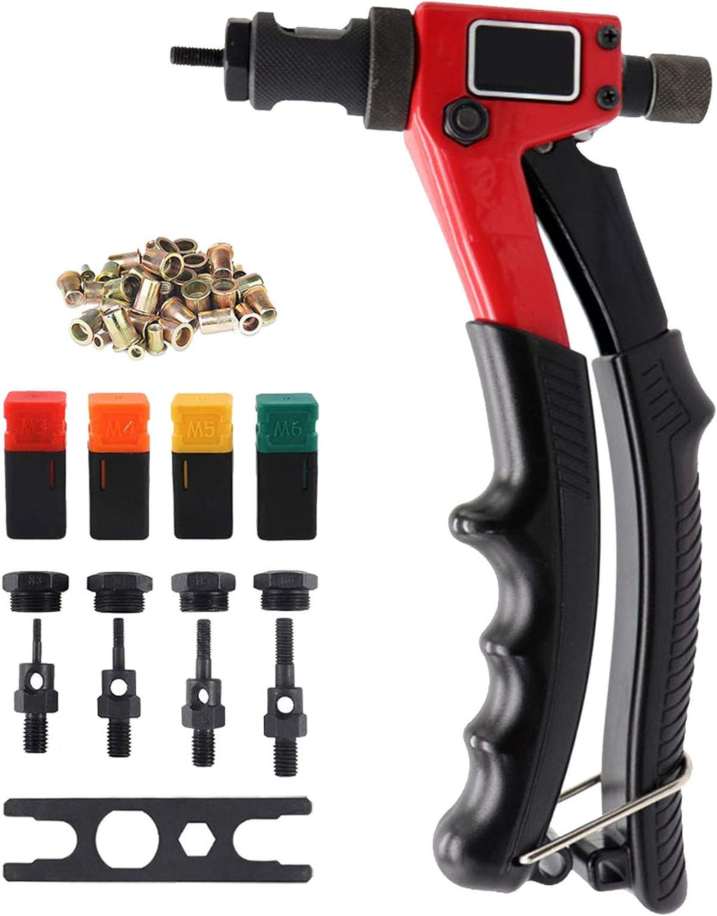 Manual Rivet Gun, Manual Hand Riveter, Rivet Nut Manual Pull Gun Rivet Tool Set with 100 PCS Rivet Nut 4 Mandrels M3/M4/M5/M6 for Metal, Wood And Plastic