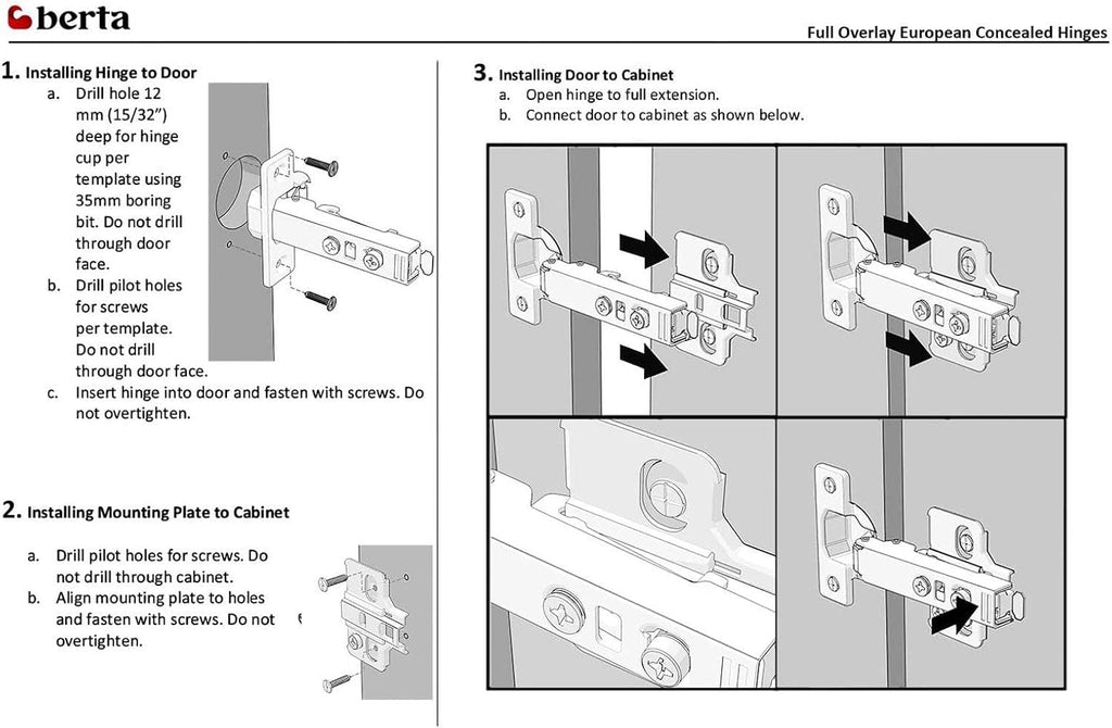 Berta 100-Pack Full Overlay Frameless Soft-Close European Hinges, 110° 3D Adjustable, Clip-On Concealed Kitchen Cabinet Door Hinges with Screws - Ideal for Modern Cabinets