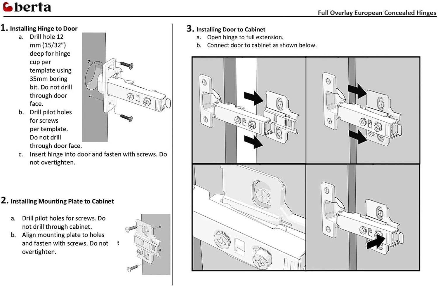 Berta 100-Pack Full Overlay Frameless Soft-Close European Hinges, 110° 3D Adjustable, Clip-On Concealed Kitchen Cabinet Door Hinges with Screws - Ideal for Modern Cabinets