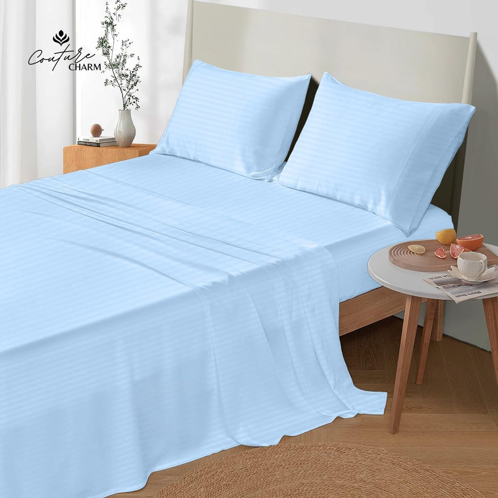 Queen Size 1000 Thread Count 100% Egyptian Cotton Sheet Set, 4-Piece, Sateen Weave, with 10-12' Deep Pocket Snug Fit (Stripe, Light Blue)