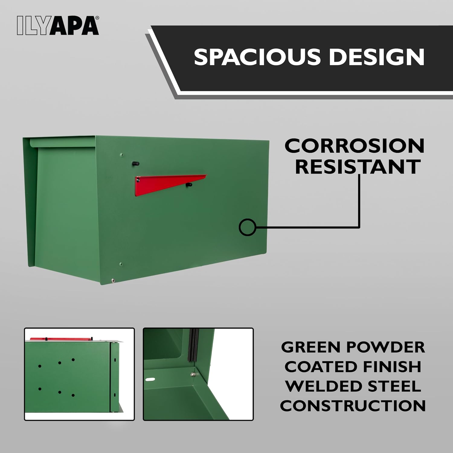 Ilyapa Modern Mailbox for Outside Post Mount - Green Powder Coated Metal Mailbox, Waterproof Letter Box for Parcels, with Recessed Magnetic Close Door