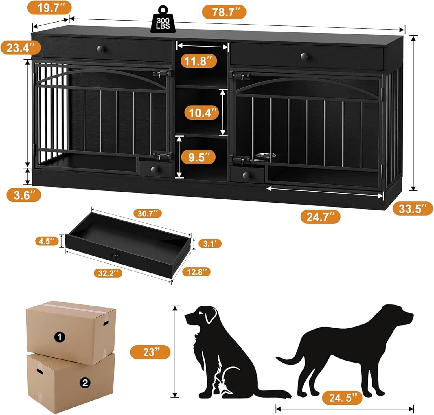 GAOMON Dog Crate Furniture for 2 Dogs, 78.7'' Large Dog Kennel Indoor with 2 Storage Drawers, 3 Shelves and Feeding Bowls, Double Dog Crate TV Stand for Small and Medium Dogs, Black