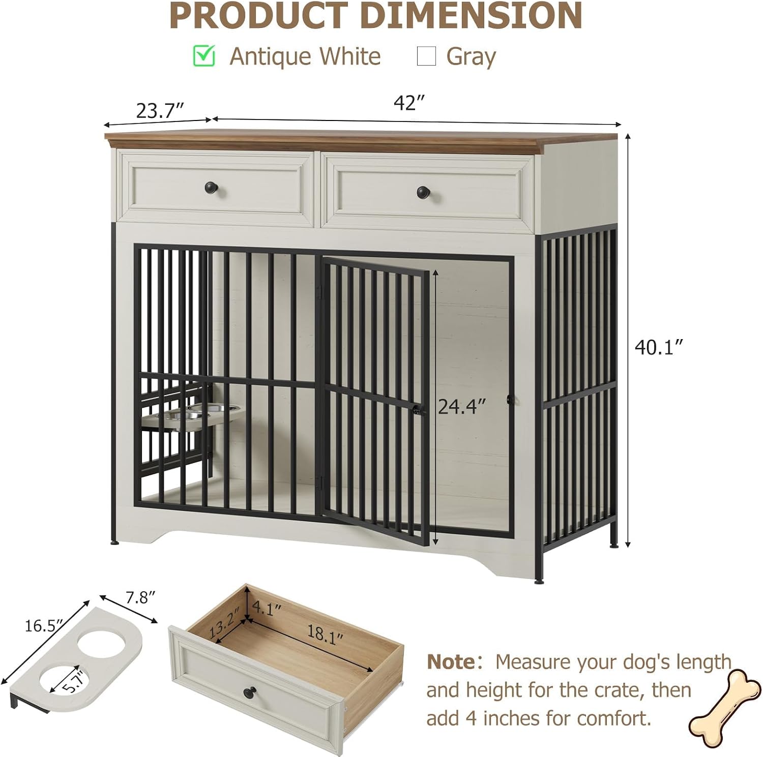 QUW 42' Modern Dog Crate Furniture, Wooden Dog Kennel for Medium to Large with 360° Rotating & 3-Levels Adjustable Height Dogs Bowl Holder, Decorative Dogs cage Pet House Indoor, Antique White
