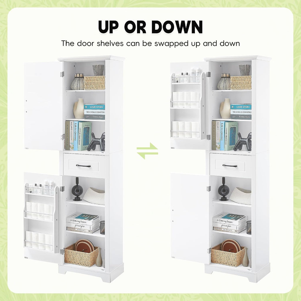 Tall Bathroom Storage Cabinet, Freestanding White Bathroom Accent Storage Cabinet with Built-in Door Shelf & Adjustable Shelves for Home Kitchen, Living Room (White Style4)