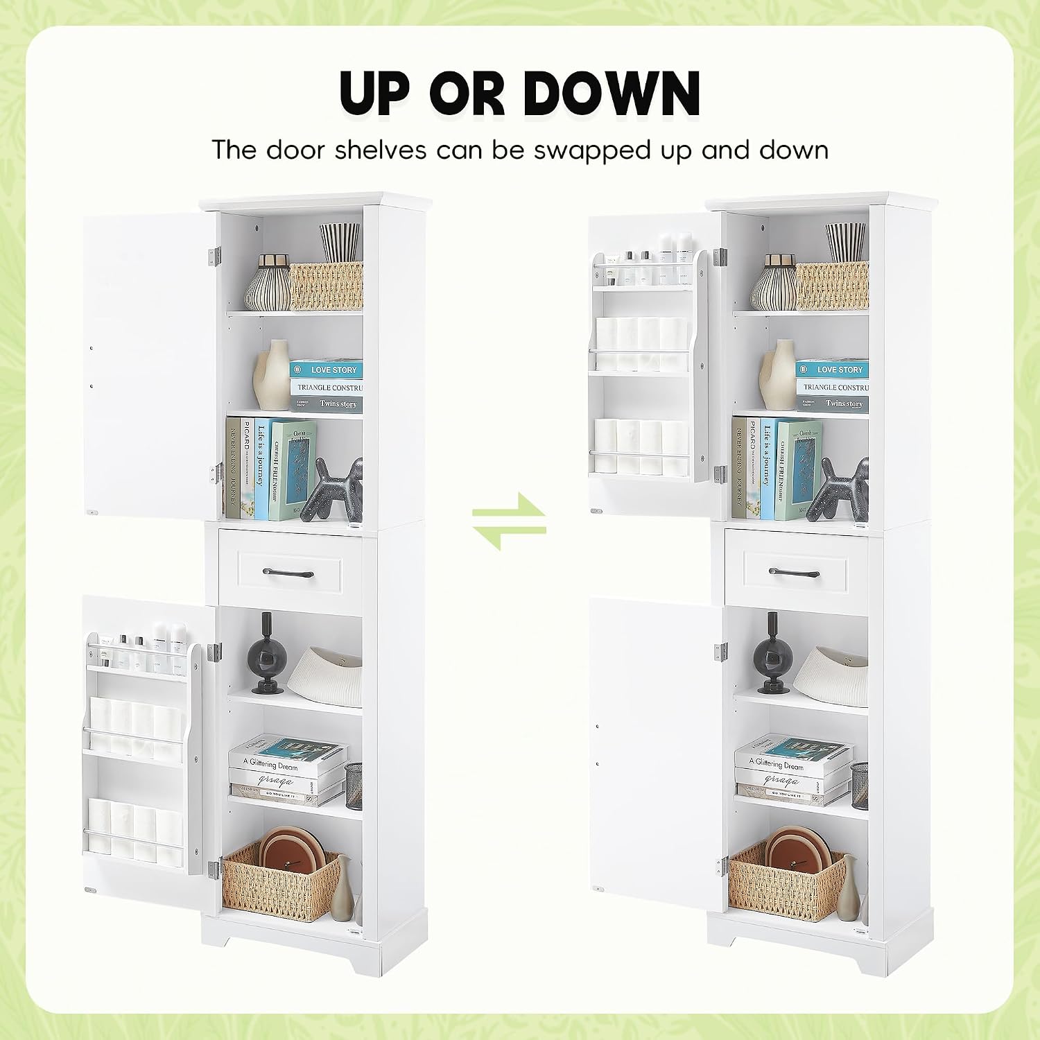 Tall Bathroom Storage Cabinet, Freestanding White Bathroom Accent Storage Cabinet with Built-in Door Shelf & Adjustable Shelves for Home Kitchen, Living Room (White Style4)