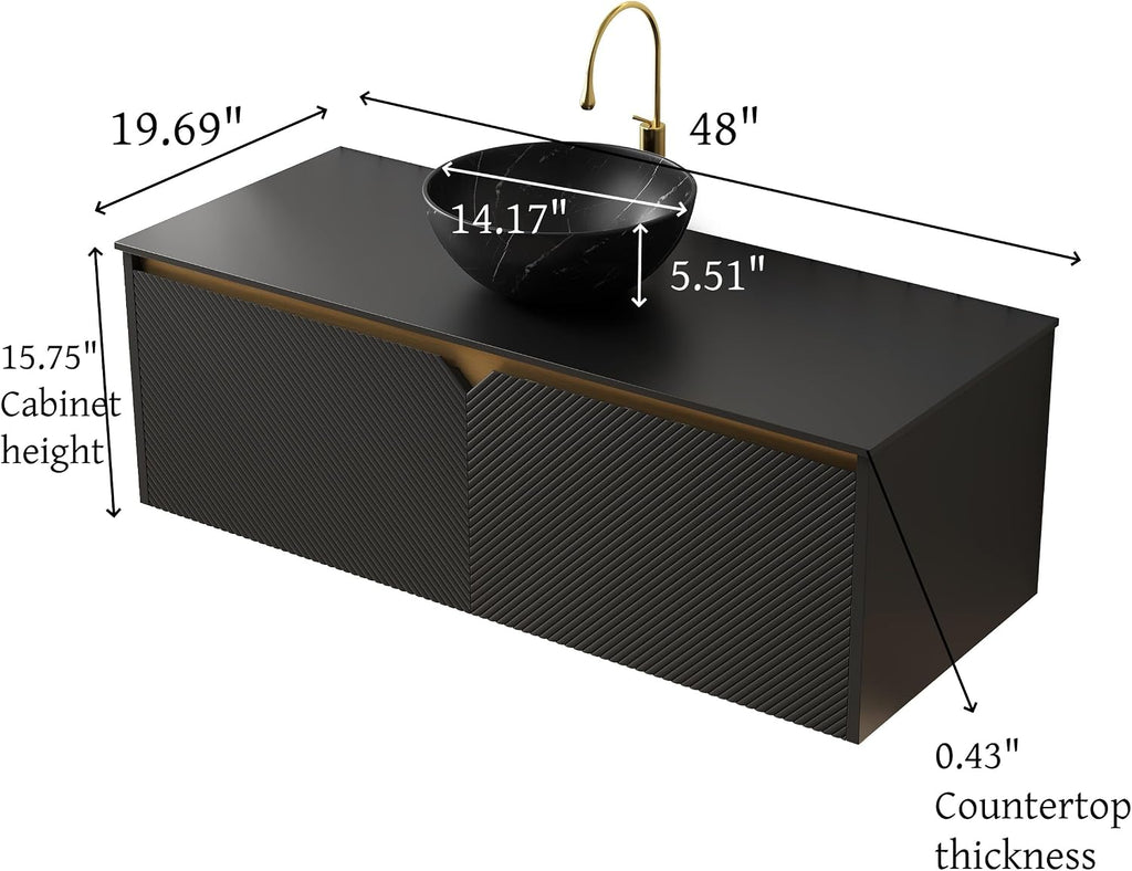 48 Inch Bathroom Vanity with Sink, Floating Fluted Vanity with Vessel Sink, Modern Wall Mounted Bathroom Vanity Cabinet with 2 Doors, Bowl Vessel Sink & Sintered Stone Top, Black