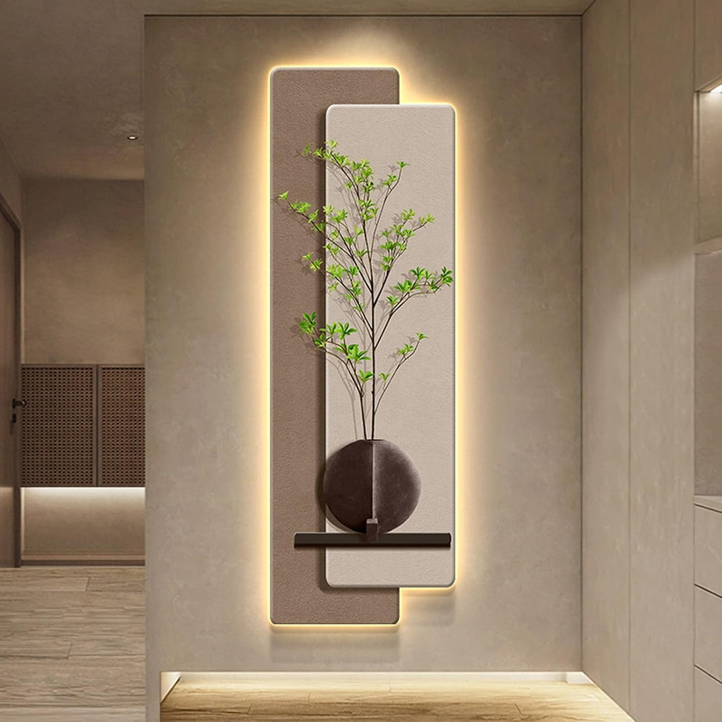 HARELA 3D Art Wall Decor with Led, Wall Sculpture Painting Decor with Fake Plant, Plug-in Power Supply 3D Wall Mural for Home, Restaurant, Hotel(Brown A,50x150cm/19.7x59in)