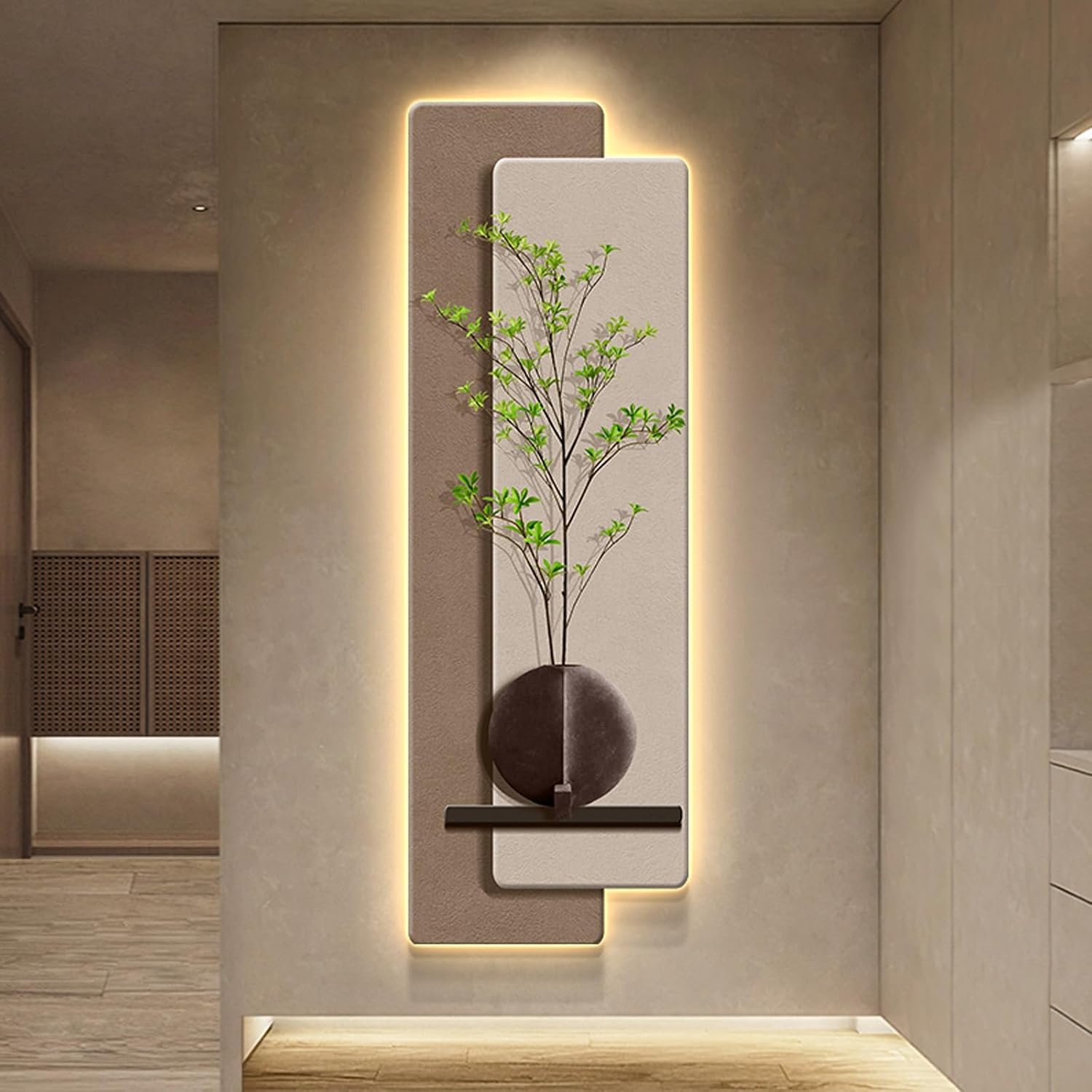 HARELA 3D Art Wall Decor with Led, Wall Sculpture Painting Decor with Fake Plant, Plug-in Power Supply 3D Wall Mural for Home, Restaurant, Hotel(Brown A,50x150cm/19.7x59in)