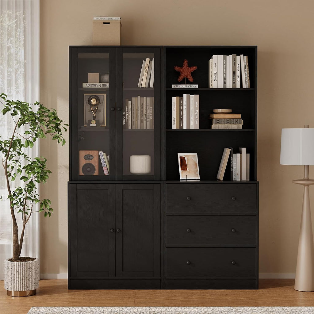 TUSY 71' H Bookshelf with Storage, 6-Tier Modern Bookshelves with 3 Large Drawer, Display Bookcase with Glass Doors, Modern 5-Tier Curio Cabinet for Home Office, Dining Room (Black, AB)