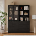 TUSY 71' H Bookshelf with Storage, 6-Tier Modern Bookshelves with 3 Large Drawer, Display Bookcase with Glass Doors, Modern 5-Tier Curio Cabinet for Home Office, Dining Room (Black, AB)