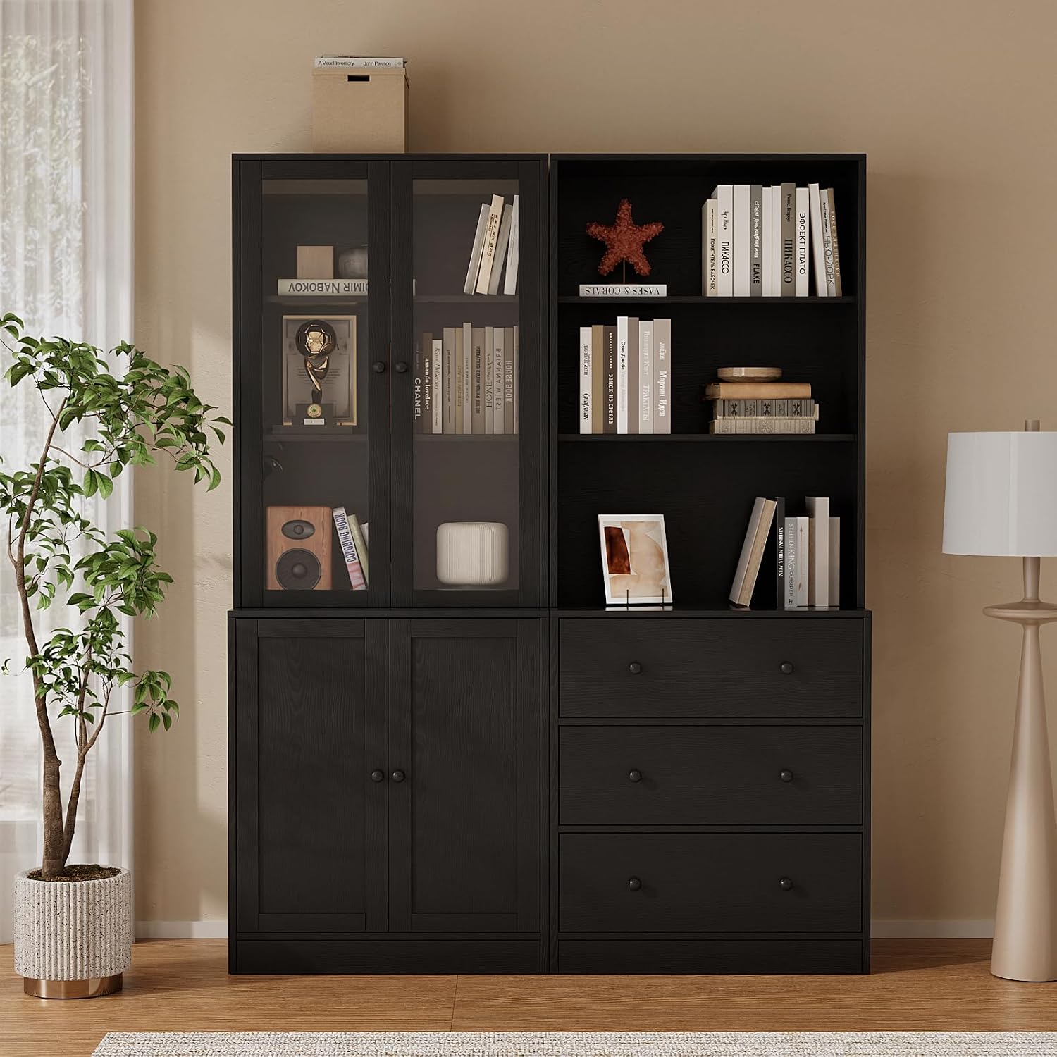 TUSY 71' H Bookshelf with Storage, 6-Tier Modern Bookshelves with 3 Large Drawer, Display Bookcase with Glass Doors, Modern 5-Tier Curio Cabinet for Home Office, Dining Room (Black, AB)