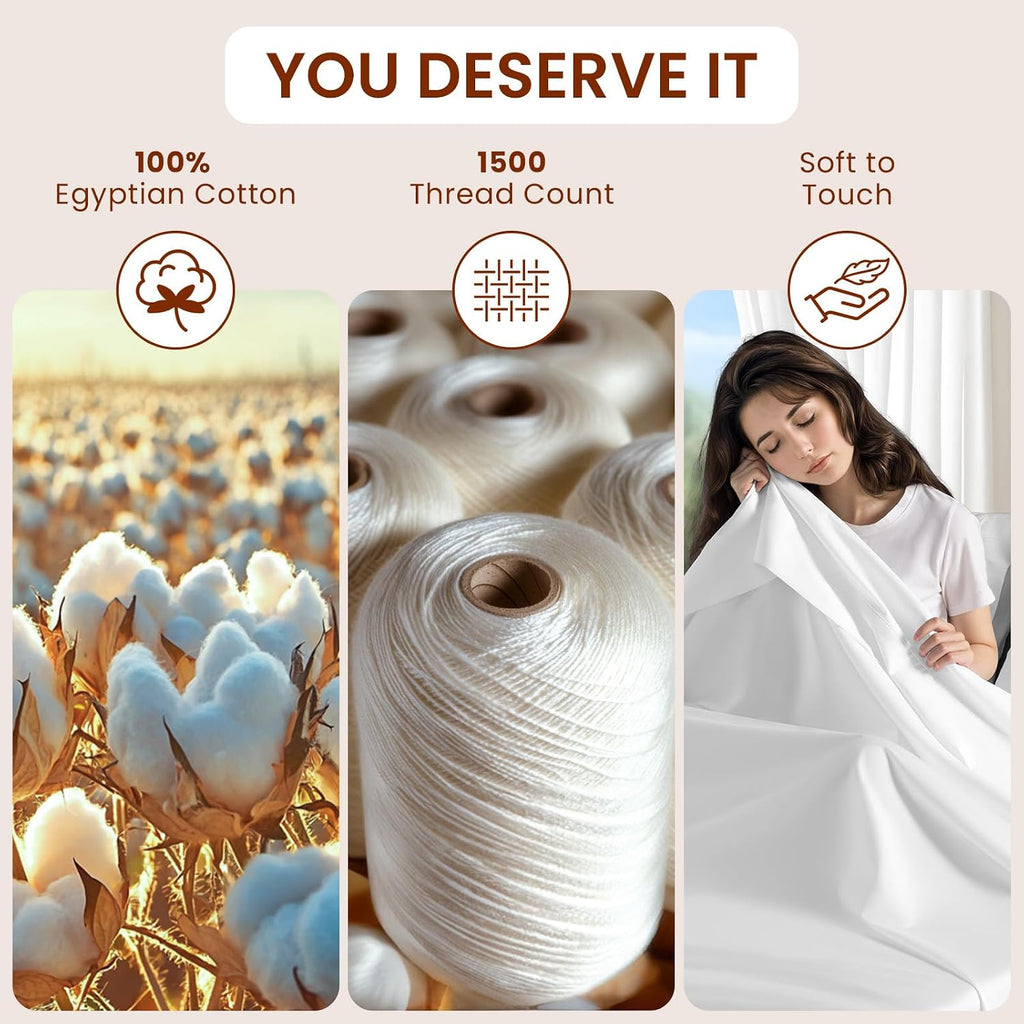 LBRO2M 1500 Thread Count Egyptian Cotton Queen Size Sheet Set (4 Piece, White, Modern Style, Deep Pocket, Fully Elasticized)