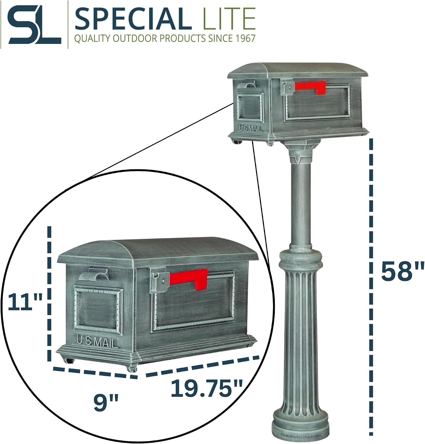 Special Lite Traditional Curbside Mailbox with Bradford Post - Verde Green Aluminum Mailbox with Direct Burial Post - SCT-1010_SPK-590-VG