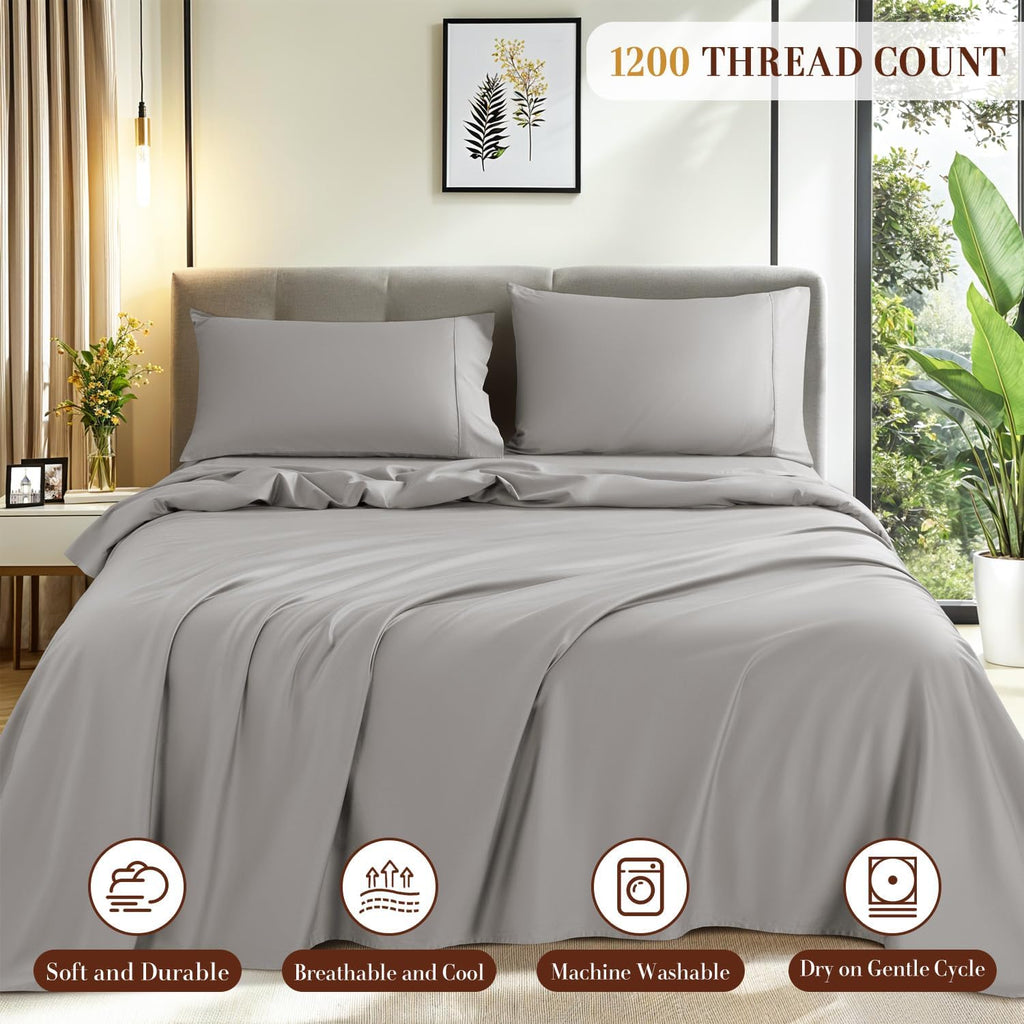 1200 Thread Count Cotton Sheets, 100% Egyptian Cotton Sheet for Queen Size Bed, Very Smooth Soft with 16' Deep Pocket Sheets 4-Pc Sets (Dove Grey, Queen)