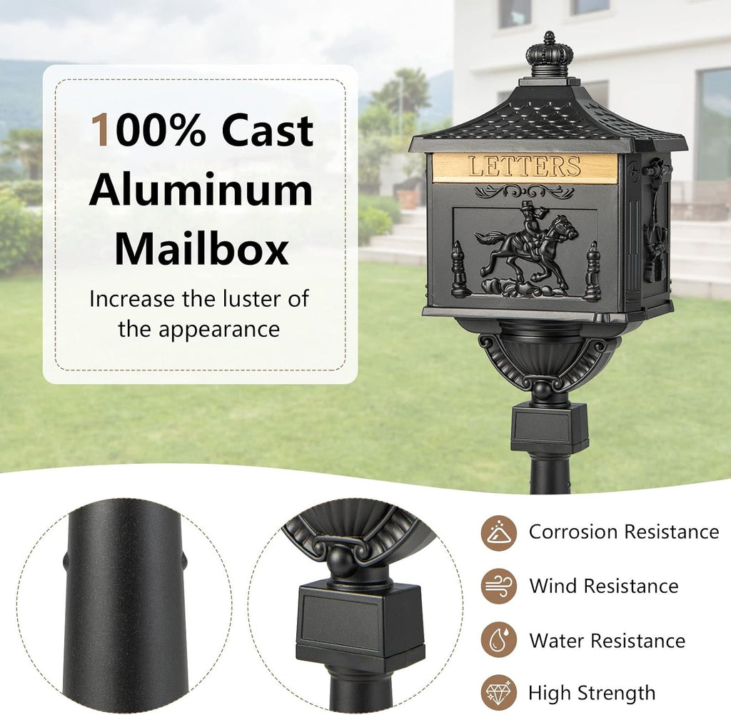 IRONMAX Mailbox for Outside, Locking Cast Aluminum Rural Security Postal Box with Keys, Heavy Duty Water-Resistant Mailbox with Post for Residential House, Black