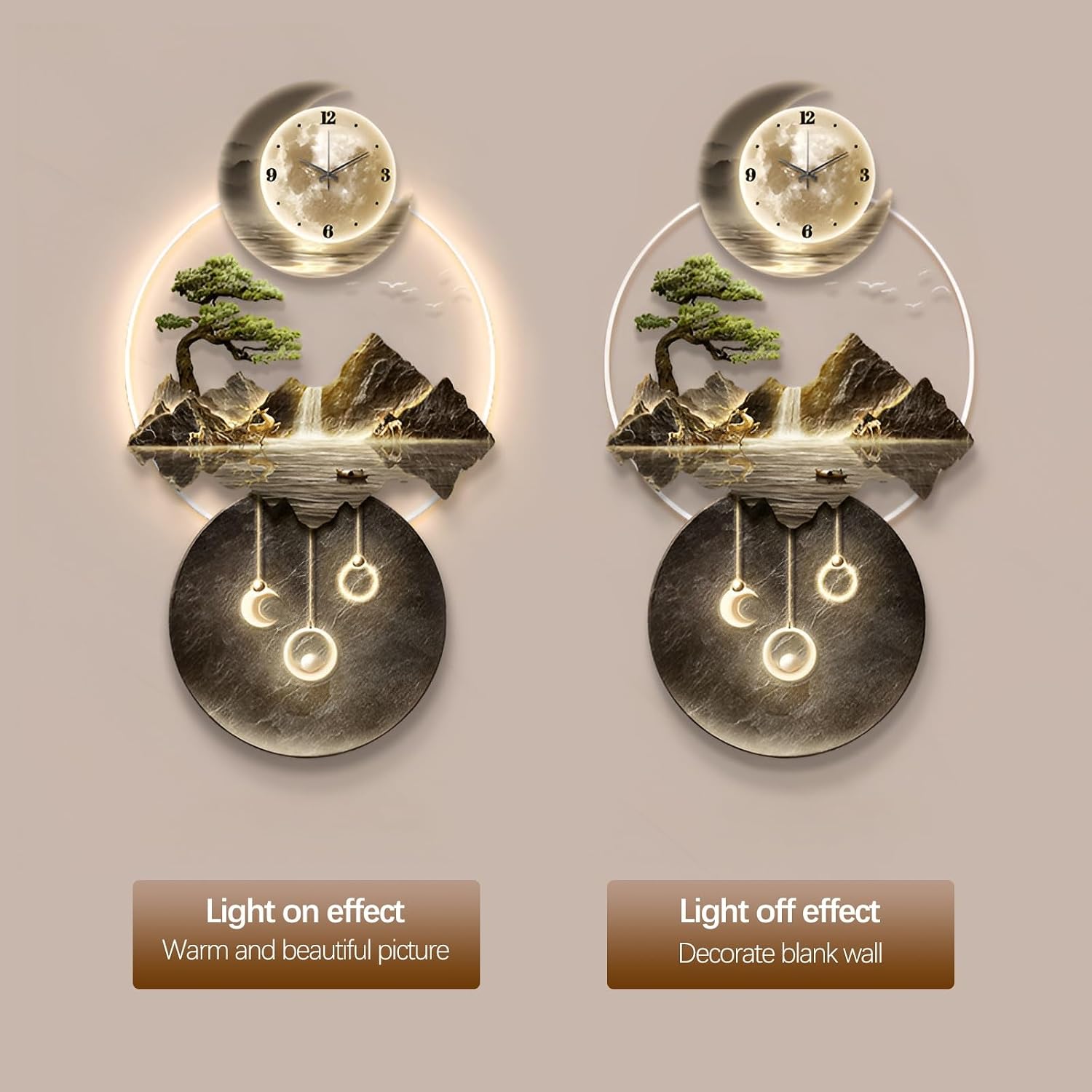 XQDYSG Wall Sculptures 3D Wall Art Decor Clock Plug-in Power Supply Home Decor Wall Modern Wall Hanging Sculpture Painting with LED Light for Bedroom Living Room Apartmen(Stylle B,19.6 * 39.37IN)
