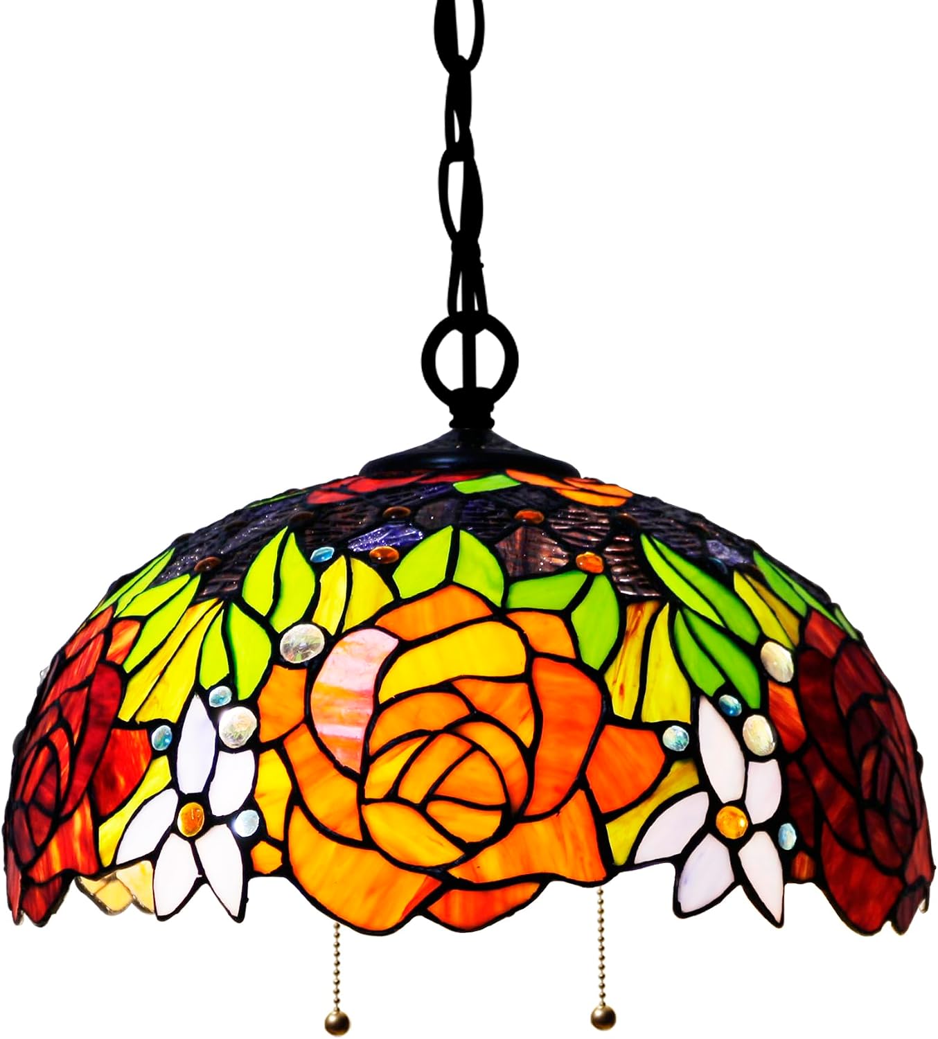 Large Tiffany Lamp Shade Replacement Only 16Inch Stained Glass Lampshade Fit For Table Lamps FLoor Lamp Ceiling Fixture Pendant Hanging Light Home Office Decoration (Red Yellow Roses)