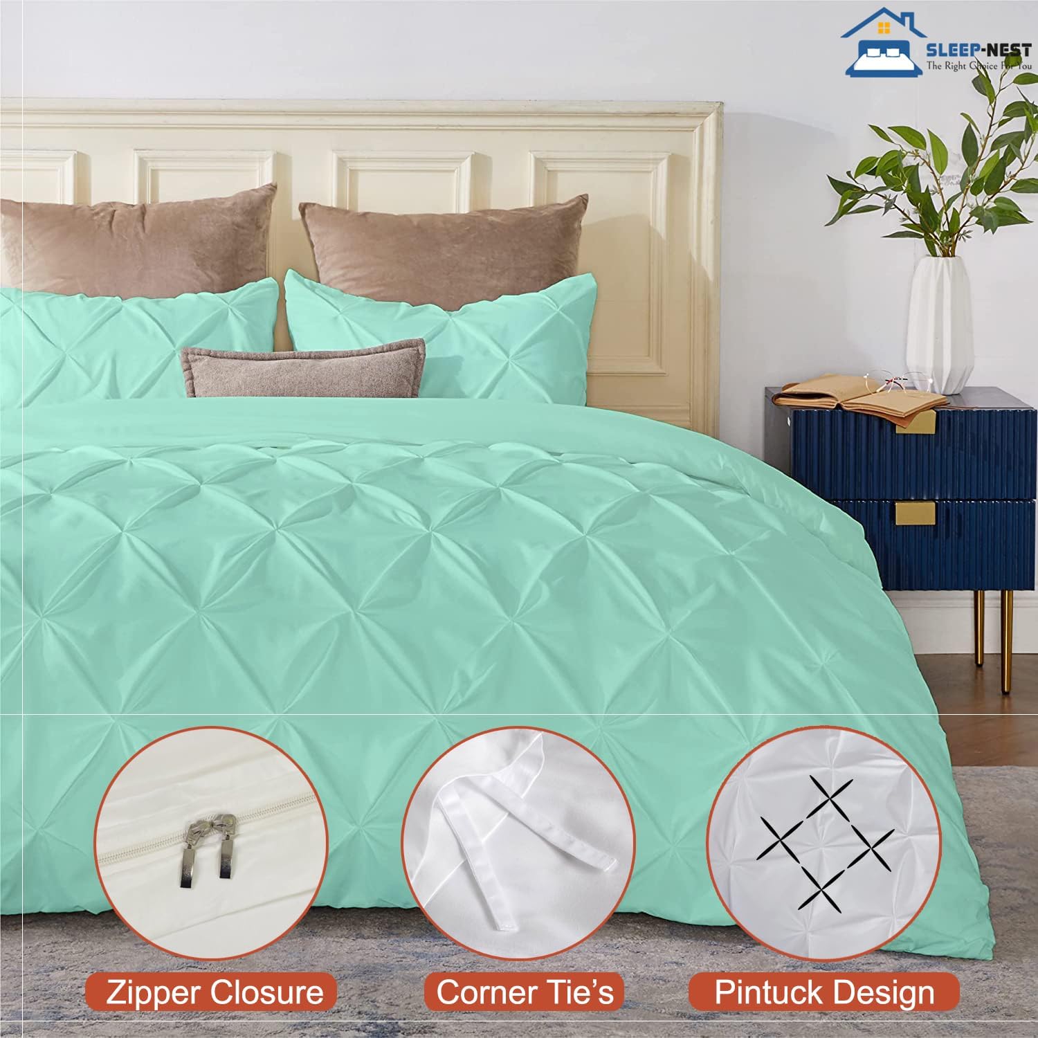 SLEEP-NEST Luxuries Decorative Alaskan King Pinch Duvet Cover Set 136' x 120' Oversized King 3 Piece with Zipper Closure 100% Egyptian Cotton Pintuck Cover for Comforter Extra Large, Aqua