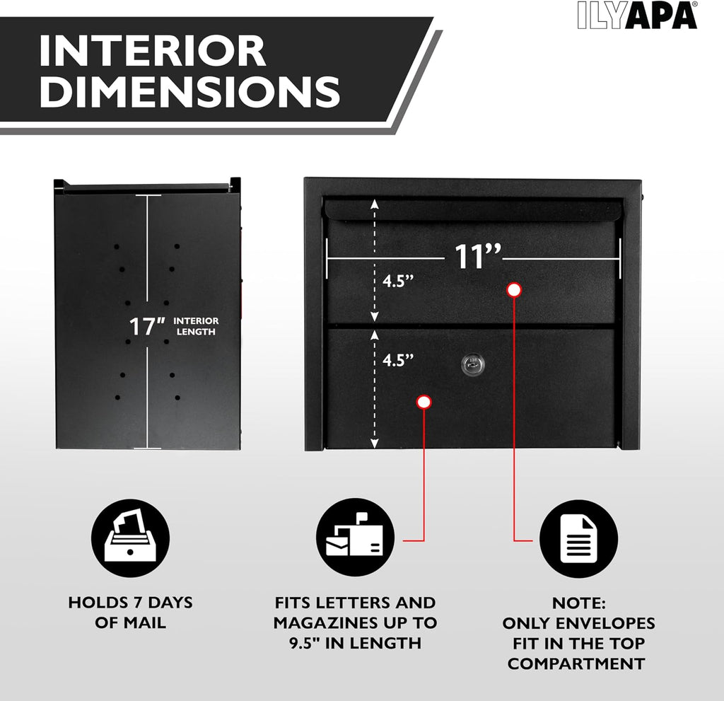Ilyapa Locking Mailbox with Lock and Key Modern Mailboxes for Outside Post Mount - Black Powder Coated Steel, All Weather & Corrosion Resistant, Stainless Steel, Security