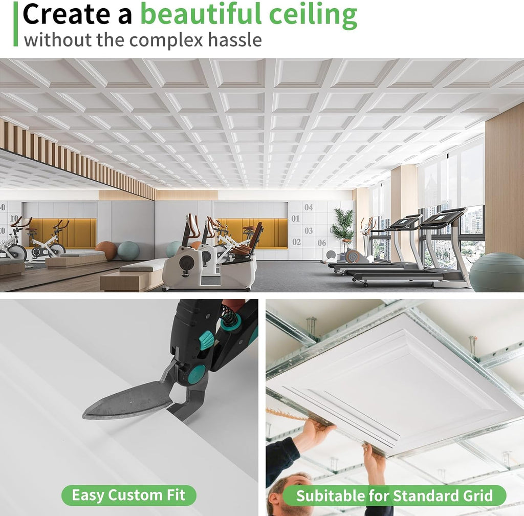 Art3d Drop Ceiling Tiles 36 Pack, 2ft x 2ft PVC Glue-up Ceiling Tiles, 24x24 Wall Tiles for Indoor Decor, Home, Office, Coffee Shop, Restaurant, Gym, Multi-Pack, Covers 144 Sq. Ft, Square White