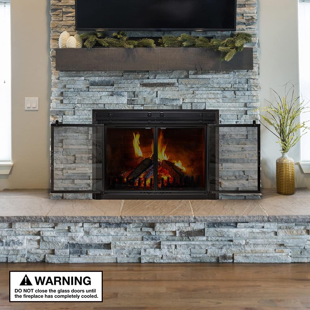 UniFlame - Gregory - Cabinet-Style Fireplace Doors with Smoke Tempered Glass (Color: Black, Size: Small - Fits Opening 30in to 37in W x 22.5in to 29.5in H)