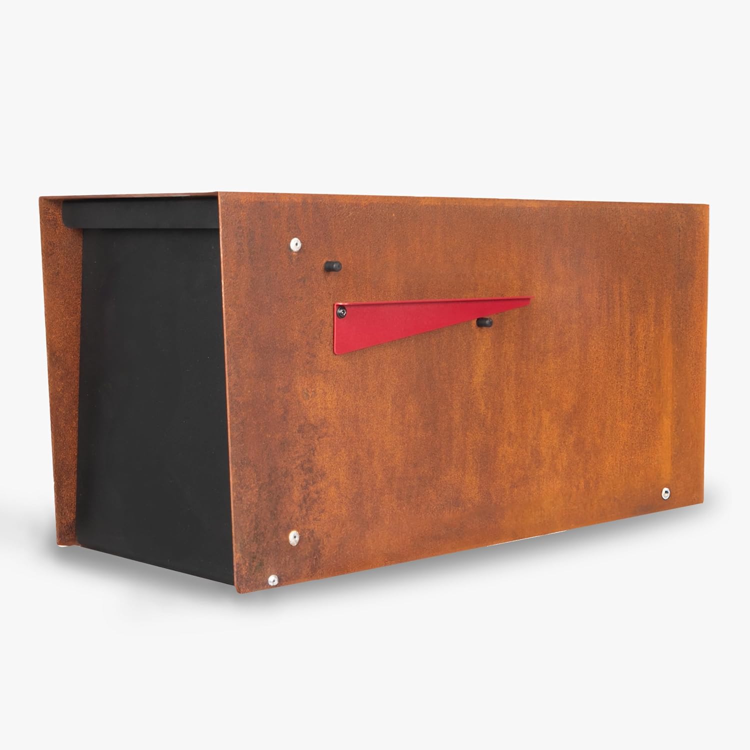 Ilyapa Modern Mailbox for Post Mount - Corten Steel Rusted Finish with Black Door Powder Coated Steel, with Recessed Magnetic Close Door