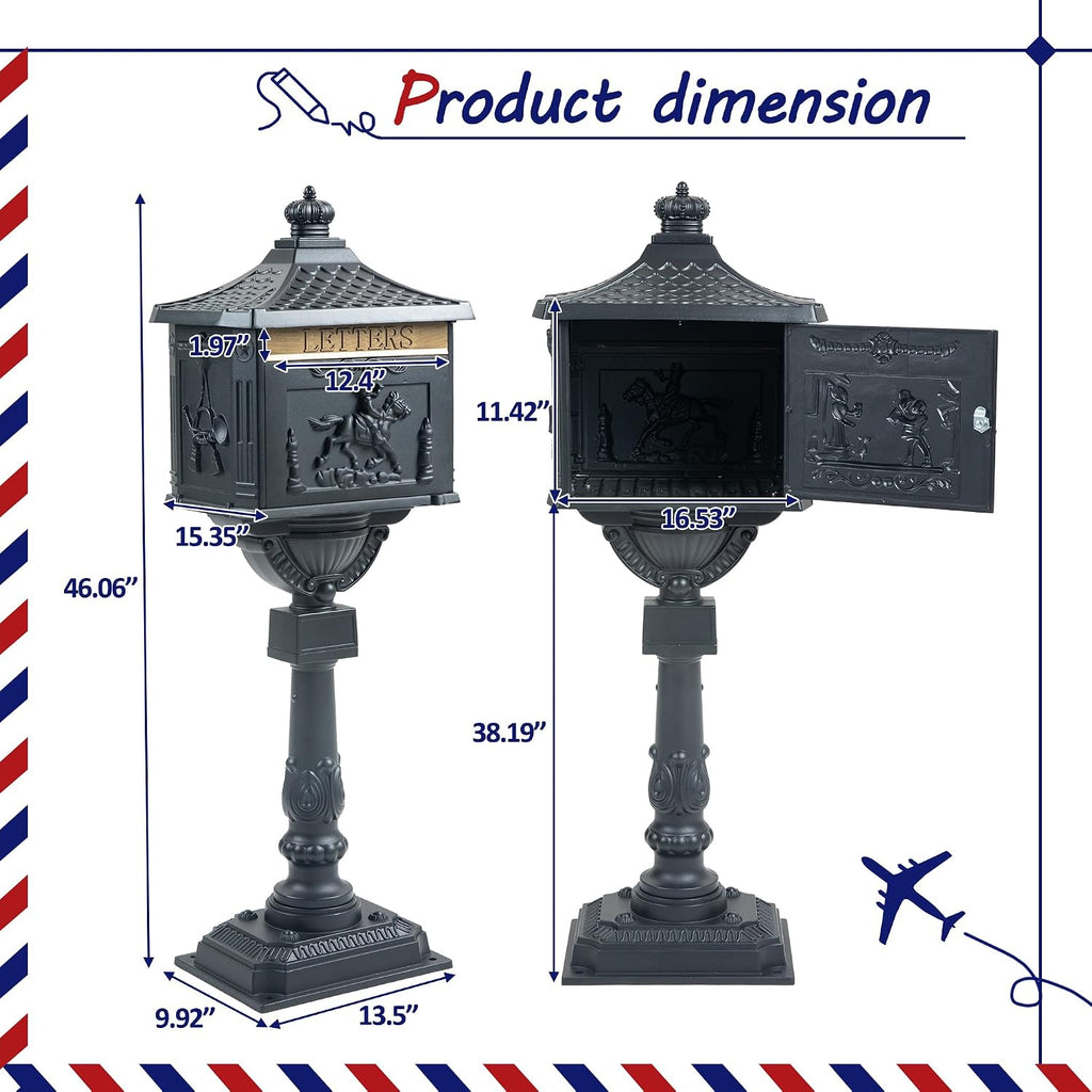 Retro Locking Mailboxes for Outside Aluminum Freestanding Mailbox with Post, Heavy Duty Mail Boxes for House with Post, Black
