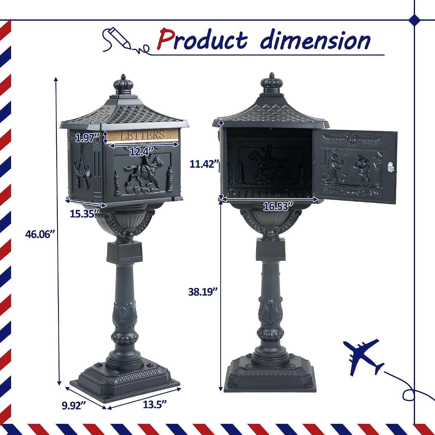 Retro Locking Mailboxes for Outside Aluminum Freestanding Mailbox with Post, Heavy Duty Mail Boxes for House with Post, Black