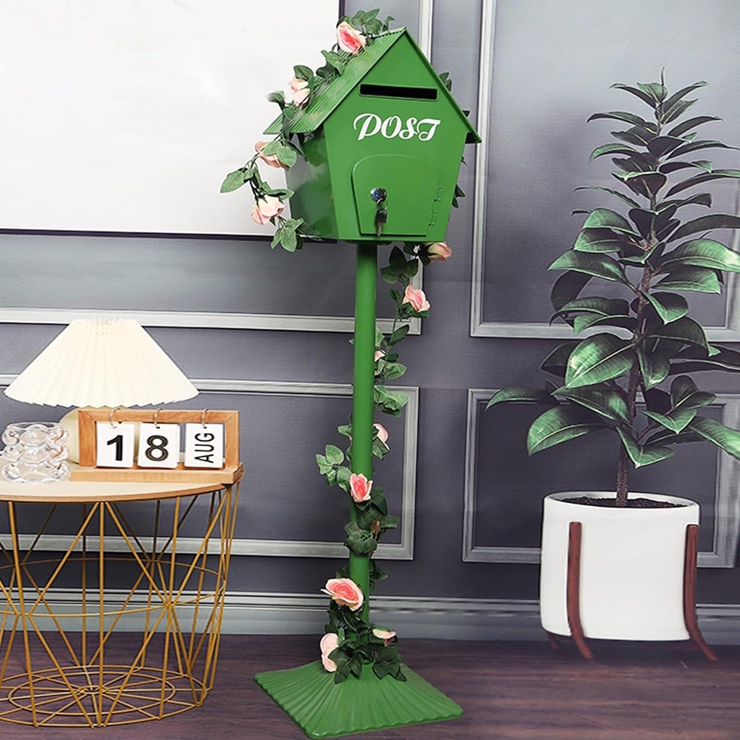 Key Drop Box Wall Mount Mailbox Mailboxes for Outside Wall Mount, Metal Mailbox, Complete System with Steel Mailbox and Aluminum Post Included(Green)