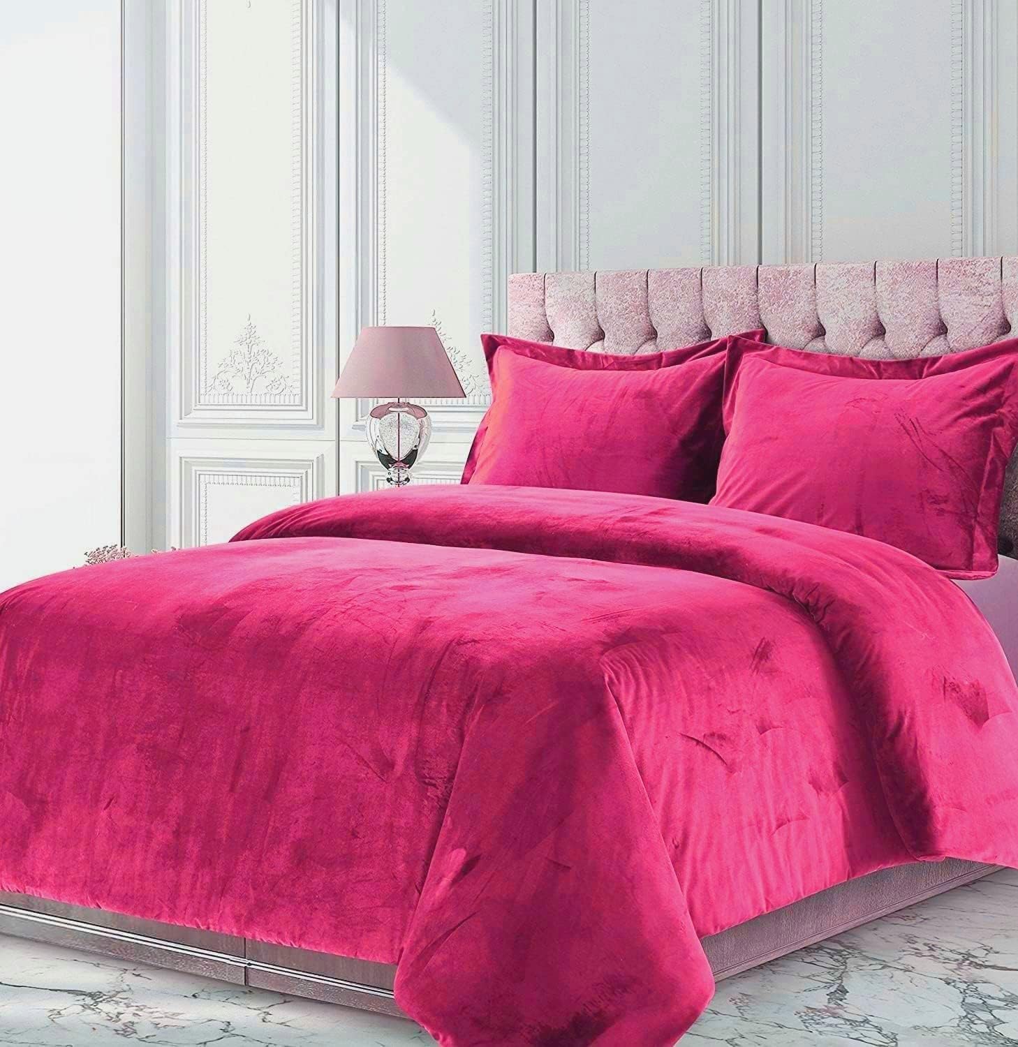 Velvet Comforter Set Oversized Queen 3 Piece (Comforter + 2 Pillowcases) Hot Pink 600 GSM Duvet Velvet Lush Comforter Sherpa Quilt Duvet