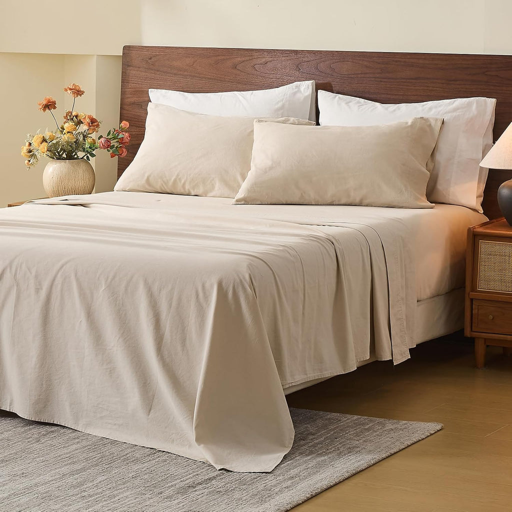 MEISHANG 100% French Pure Linen Sheets Queen Size - 6 PC Extra Deep Pocket Sheet Set, Soft Durable Flax Linen, Anti-Tear Breathable & Oeko-Tex Certified 18-24 Deep Pocket,All Season(Linen)
