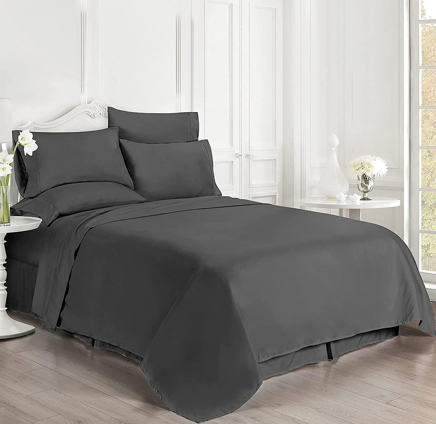 Full-XL Size 8 Piece Bed in a Bag 100% Egyptian Cotton Premium 1000 Thread Count (500GSM Comforter, 12 inch Deep Pocket Sheet Set and Bed Skirt) - Elephant Grey