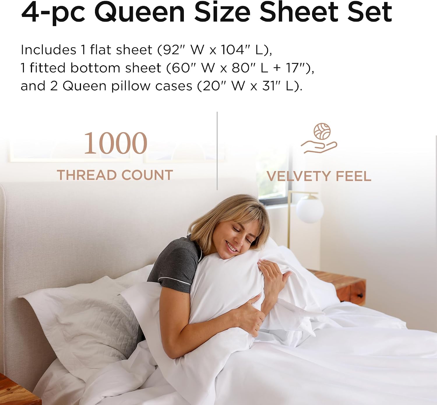 Threadmill 100% American Supima Cotton Sheets, Queen Sheet Set 1000 Thread Count Luxury 4 PC Luxury Bedding Set, Hotel Quality Sateen Weave, Hotel White Sheets with Elasticized Deep Pocket