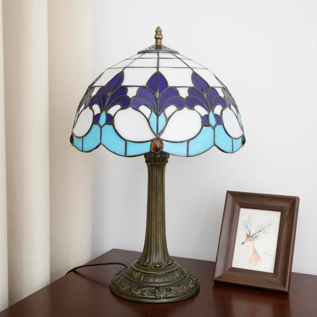 Tiffany Style Table Lamp with Blue Iris Stained Glass Lamp 12 Inch Retro Bronze Base Bedside Lamp Living Rooms, Offices, Hotel，Coffee Shop European Style Decorative Ambient Light Bedside Lamp