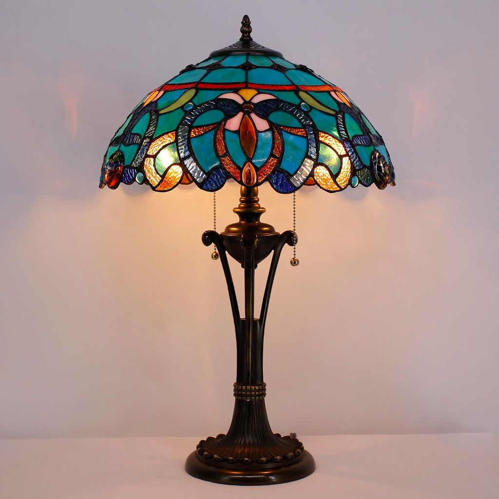 Tiffany Table Lamp 24 Inch Stained Glass Desk Lamp Blue Green Baroque Reading Light for Bedroom Living Room Bedside Nightstand