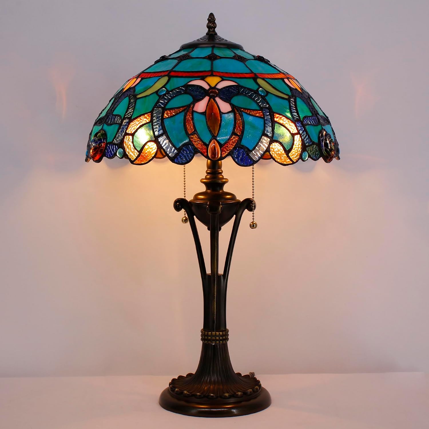 Tiffany Table Lamp 24 Inch Stained Glass Desk Lamp Blue Green Baroque Reading Light for Bedroom Living Room Bedside Nightstand