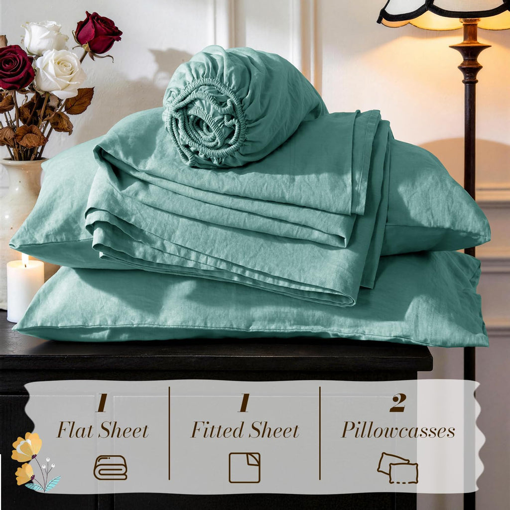 SONORO KATE 100% French Pure Linen Sheets, Breathable and Durable Linen Queen Size Sheets, Anti-Tear Linen Bed Sheets, Machine Washable, 16 Inch Deep Pocket - 4 Piece (Aqua, Queen)