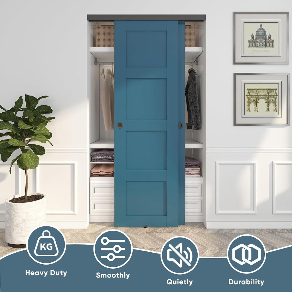 JUBEST 4FT/48 Heavy Duty Bypass Door Hardware with Soft Close Mechanism, Sturdy Closet Door Track for 2 Door System, Quietly and Smoothly, Fit Door Thickness 1 3/8' or 1 3/4', Easy to Install, Black