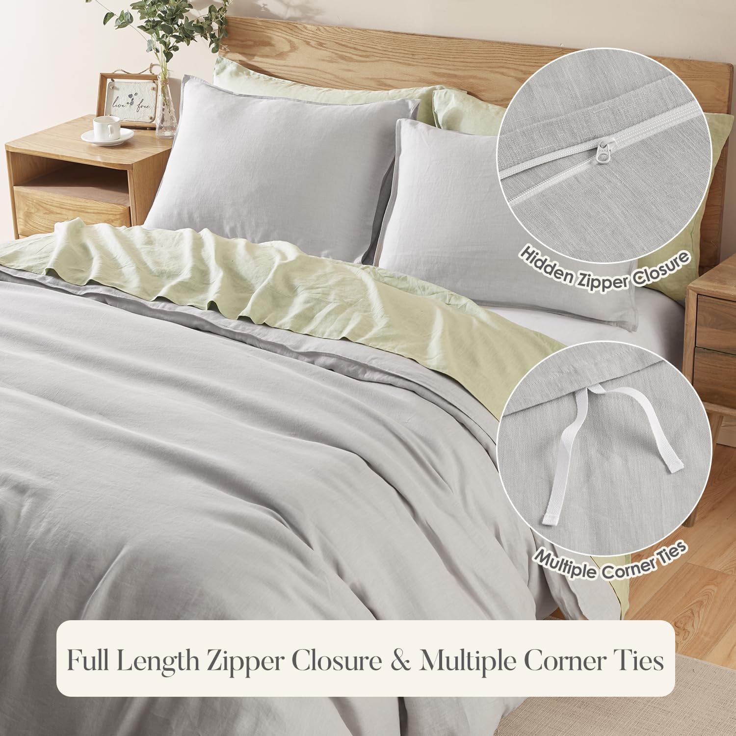 DAPU 100% Linen Duvet Cover Set - Pure Natural French Flax Linen with Corner Ties and Zipper Closure Soft Breathable Durable for Hot Sleepers 1 Duvet Cover 2 Pillowcases (Fog Gray, Queen/Full)