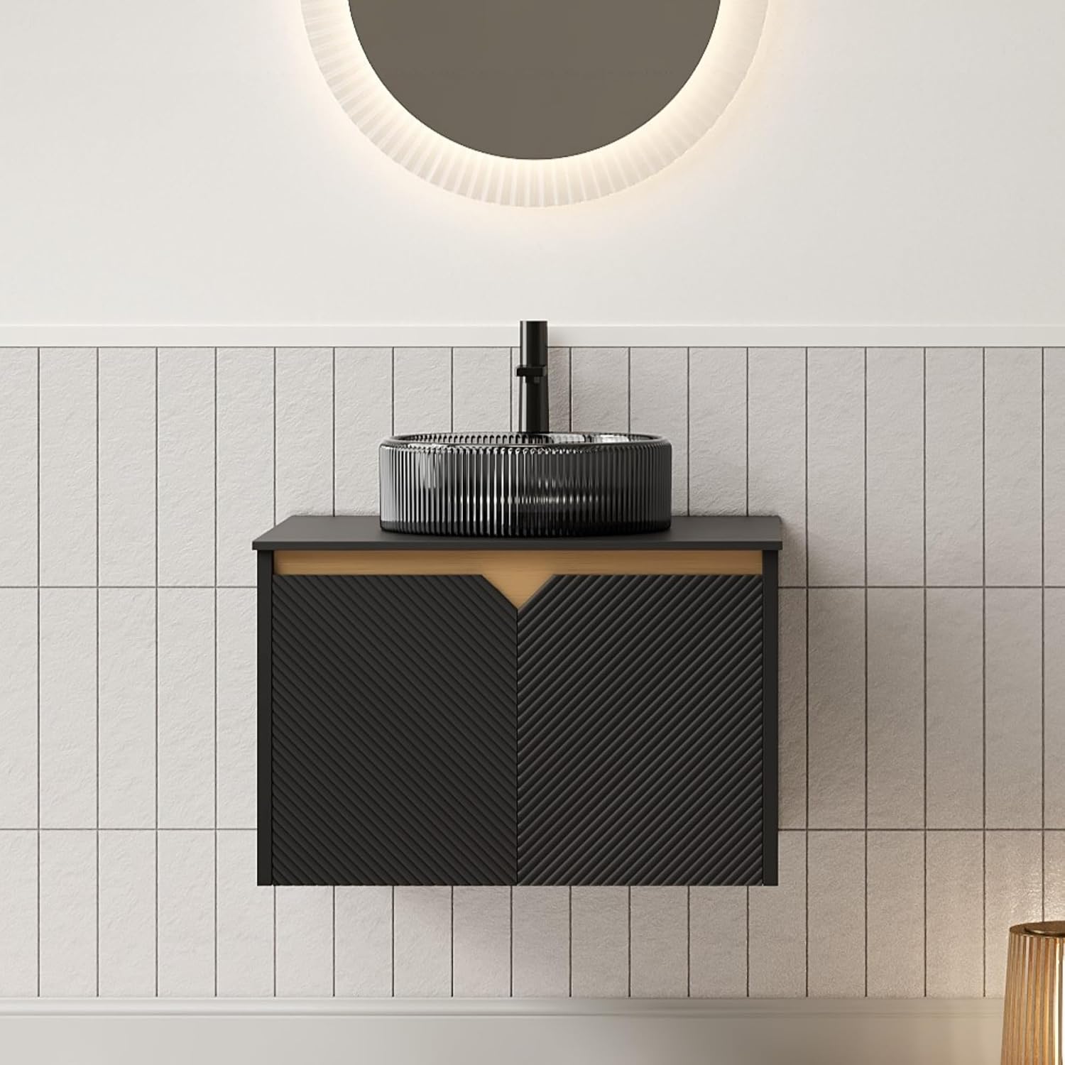 24 Inch Bathroom Vanity with Sink, Floating Fluted Vanity with Vessel Sink, Small Wall Mounted Bathroom Vanity Cabinet with 2 Doors, Glass Sink & Sintered Stone Top, Black