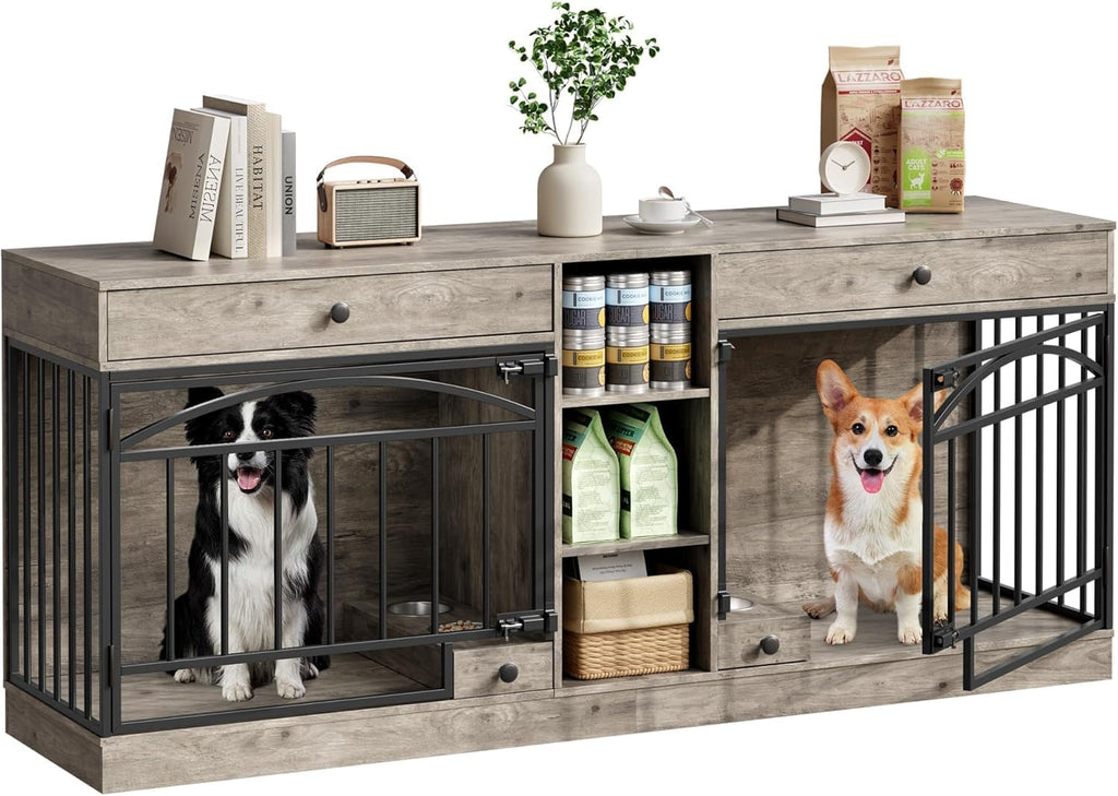 GAOMON Dog Crate Furniture for 2 Dogs, 78.7'' Large Dog Kennel Indoor with 2 Storage Drawers, 3 Shelves and Feeding Bowls, Double Dog Crate TV Stand for Small and Medium Dogs, Gray