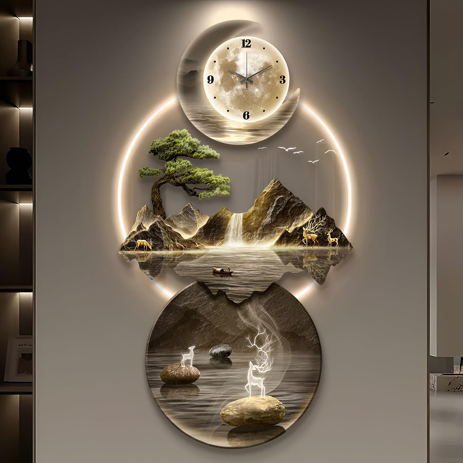 XQDYSG Wall Sculptures 3D Wall Art Decor Clock Plug-in Power Supply Home Decor Wall Modern Wall Hanging Sculpture Painting with LED Light for Bedroom Living Room Apartmen(Stylle C,23.62 * 47.24IN)