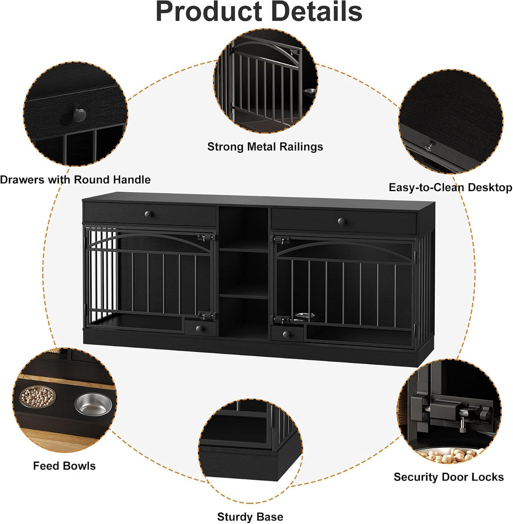 Garvee Dog Crate Furniture for 2 Dogs, Dog Kennel Indoor with Storage and Feeding Bowls, Double Dog Crate TV Stand for Small Medium Dogs, Black