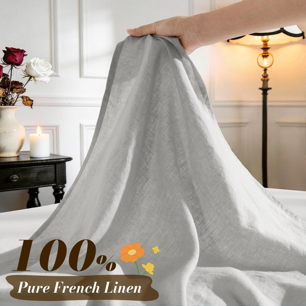 SONORO KATE 100% French Pure Linen Sheets, Breathable and Durable Linen Queen Size Sheets, Anti-Tear Linen Bed Sheets, Machine Washable, 16 Inch Deep Pocket - 4 Piece (Grey, Queen)