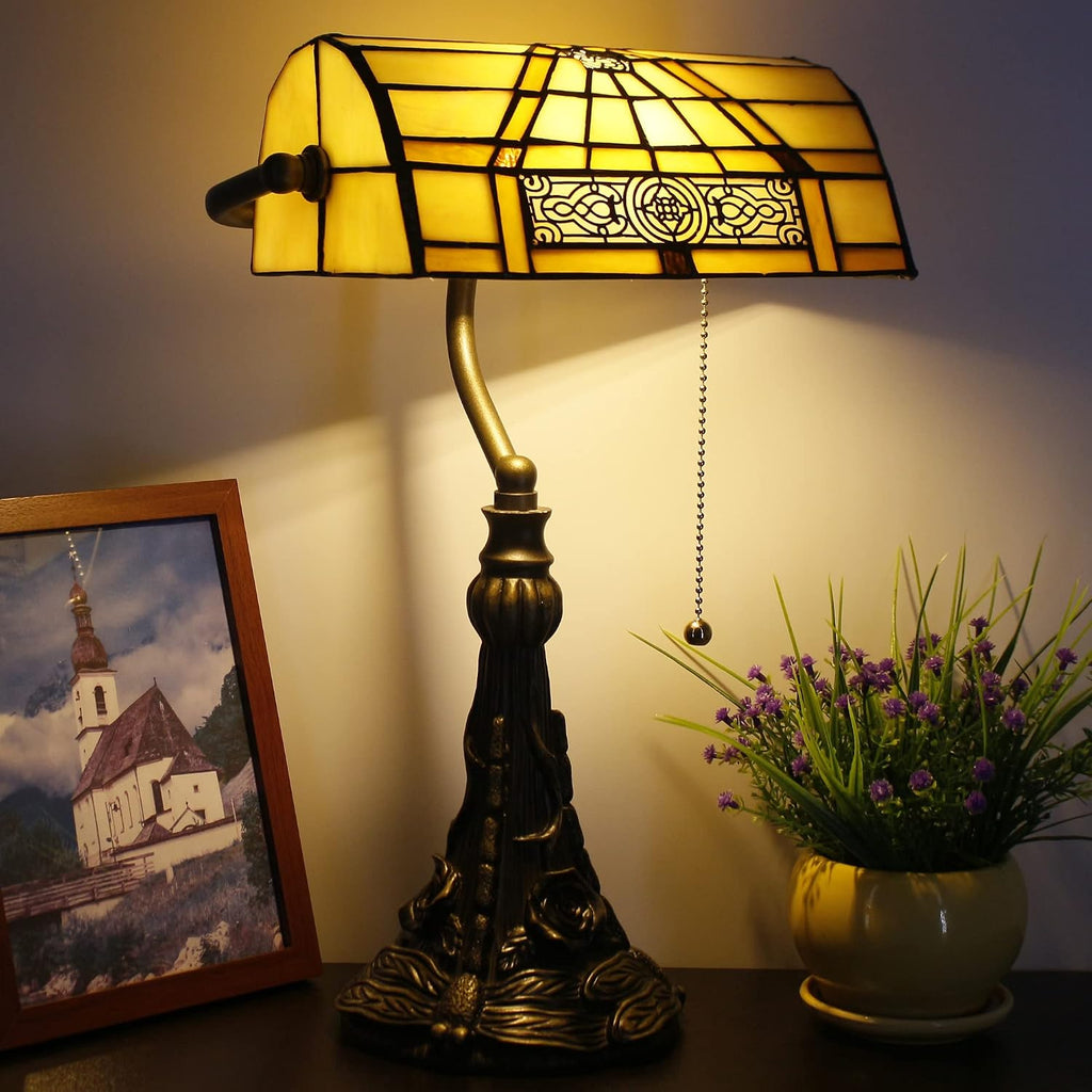 Tiffany Banker Lamp Small Stained Glass Table Lamp Tiffany Style Piano Light Yellow Mission Style Desk Lamp Angle Adjustable 10.6X15.7 Inch for Home Office Living Room Bedroom